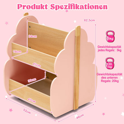 Children's Wooden Bookshelf with Wheels, 2-Tier, Pink