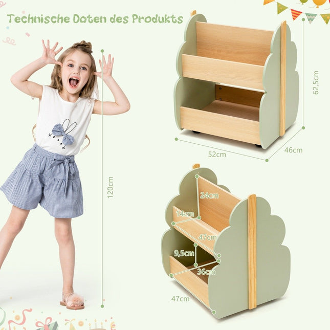 Children's Wooden Bookshelf with Wheels – 2 Tiers, Green