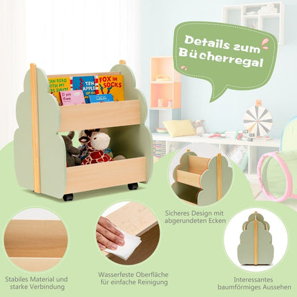 Children's Wooden Bookshelf with Wheels – 2 Tiers, Green