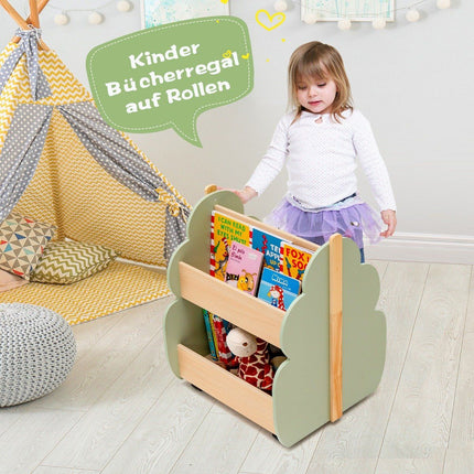 Children's Wooden Bookshelf with Wheels – 2 Tiers, Green