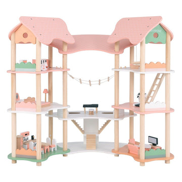 Children's Wooden Dollhouse with 32 Realistic Furniture Accessories & Roofs DIY Dream House