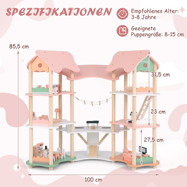 Children's Wooden Dollhouse with 32 Realistic Furniture Accessories & Roofs DIY Dream House