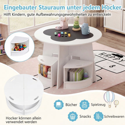 Children's Wooden Table Set with 4 Storage Stools, White