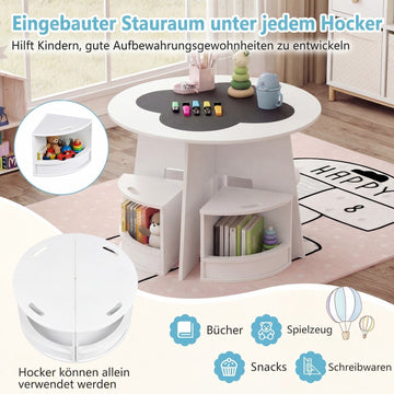 Children's Wooden Table Set with 4 Storage Stools, White