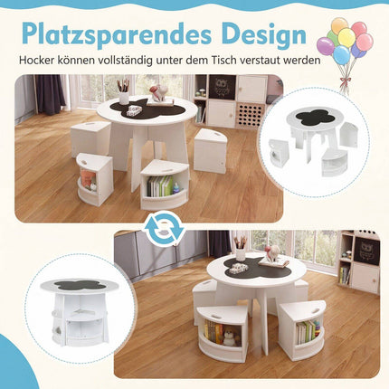 Children's Wooden Table Set with 4 Storage Stools, White
