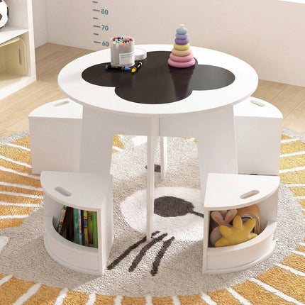 Children's Wooden Table Set with 4 Storage Stools, White