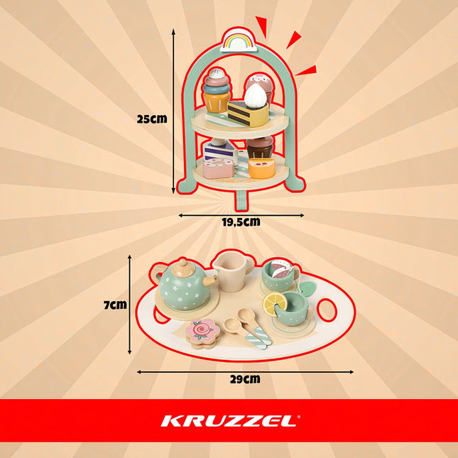 Children's Wooden Tea Set with Cake Stand, 15 Pieces