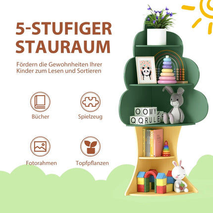 Children's Wooden Tree Bookshelf, 5-Tier, Green