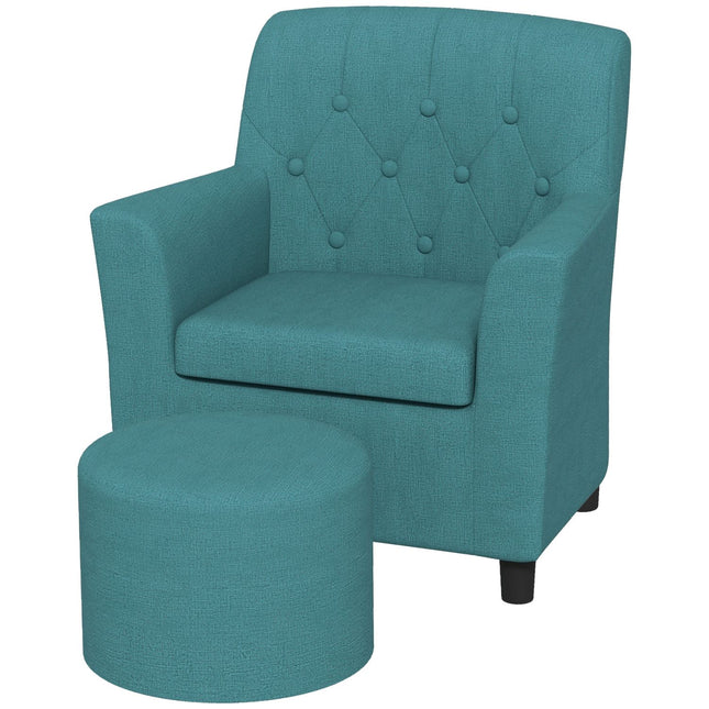 Children's armchair and sofa with footstool, blue linen