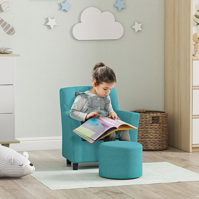 Children's armchair and sofa with footstool, blue linen