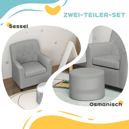 Children's Gray Armchair Sofa Set, Eucalyptus, Linen Look