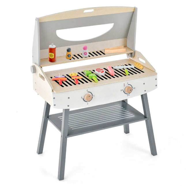 Children's barbecue play set, wooden play kitchen with bracket, 4 BBQ rods, toy barbecue set