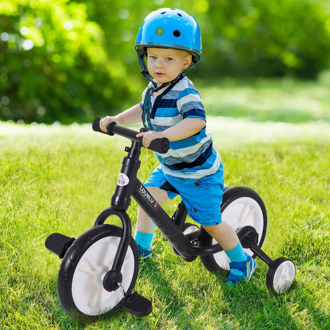 Balance bike for children with training wheels, adjustable seat