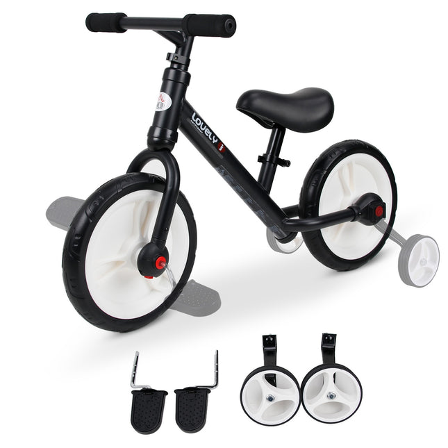 Balance bike for children with training wheels, adjustable seat