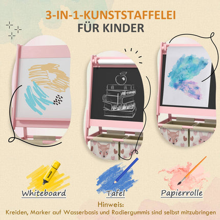 Children's 3-in-1 easel, pink, whiteboard and paper roll