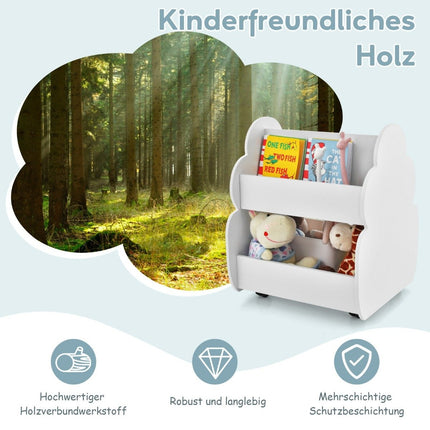 Children's bookcase on wheels Children's shelf with spacious storage space 52 x 47 x 63 cm White