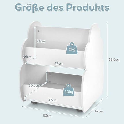 Children's bookcase on wheels Children's shelf with spacious storage space 52 x 47 x 63 cm White