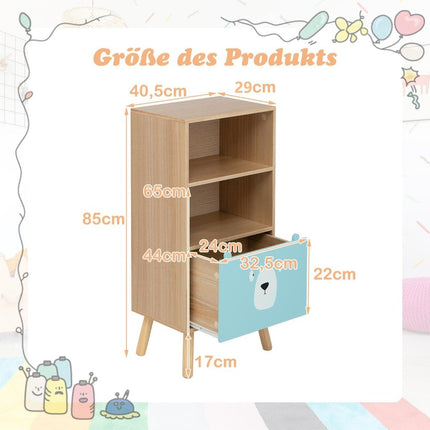 Children's bookcase with 3 levels & drawer & 2 open compartments, toy shelf, children's shelf, blue