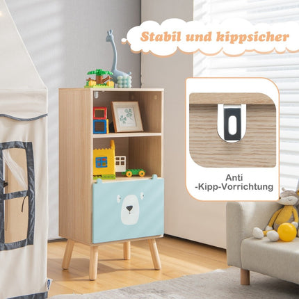 Children's bookcase with 3 levels & drawer & 2 open compartments, toy shelf, children's shelf, blue