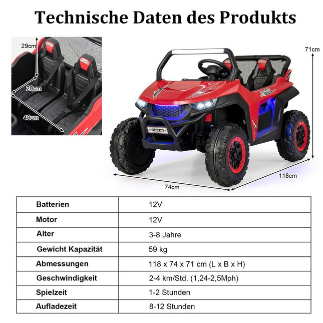 Children's car, mobile off-road vehicle with 2 seats and remote control, 118 x 74 x 71 cm, red