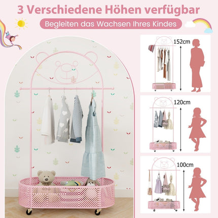 Children's clothes rack height adjustable from 130cm/150cm/182cm coat stand on wheels pink