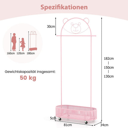 Children's clothes rack height adjustable from 130cm/150cm/182cm coat stand on wheels pink