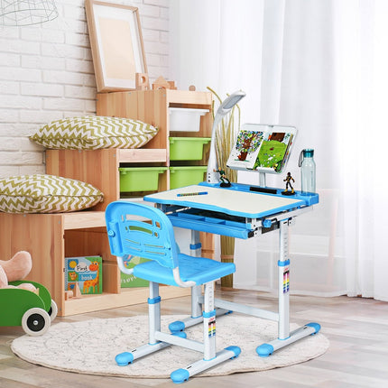 Kinderbureau, kantelbaar, studentenbureau met lamp en stoel, kleurkeuze: blauw