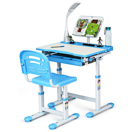 Kinderbureau, kantelbaar, studentenbureau met lamp en stoel, kleurkeuze: blauw