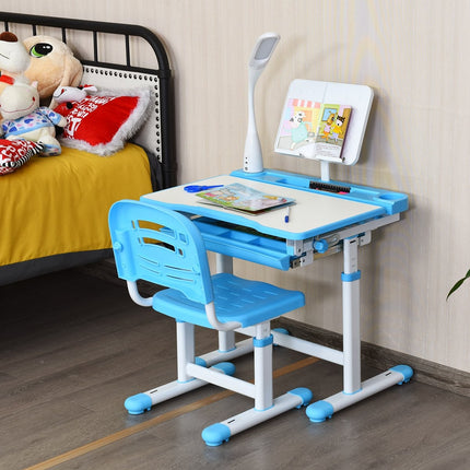 Kinderbureau, kantelbaar, studentenbureau met lamp en stoel, kleurkeuze: blauw