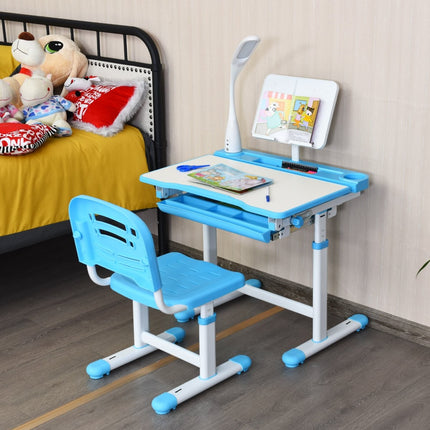 Kinderbureau, kantelbaar, studentenbureau met lamp en stoel, kleurkeuze: blauw