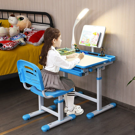 Kinderbureau, kantelbaar, studentenbureau met lamp en stoel, kleurkeuze: blauw