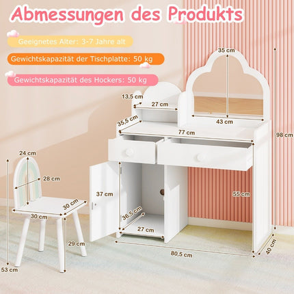 Children's dressing table cloud-shaped 2 in 1 dressing table with stool cosmetic table white