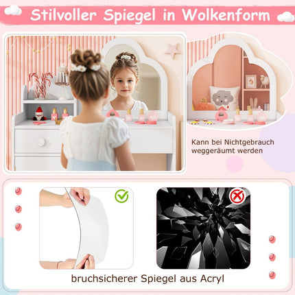 Children's dressing table cloud-shaped 2 in 1 dressing table with stool cosmetic table white
