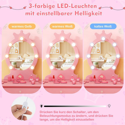 Children's dressing table with lighting 2 in 1 dressing table princess with removable mirror pink