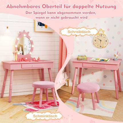 Children's dressing table with lighting 2 in 1 dressing table princess with removable mirror pink
