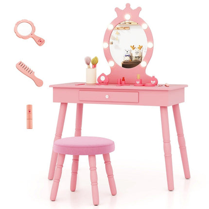 Children's dressing table with lighting 2 in 1 dressing table princess with removable mirror pink