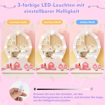 Children's dressing table with lighting 2 in 1 princess dressing table with removable mirror white