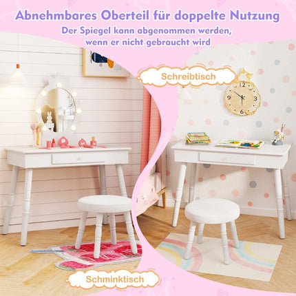 Children's dressing table with lighting 2 in 1 princess dressing table with removable mirror white