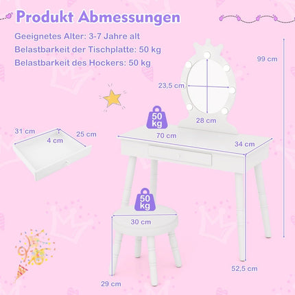 Children's dressing table with lighting 2 in 1 princess dressing table with removable mirror white