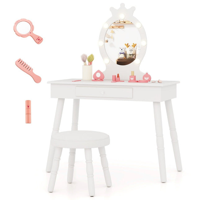 Children's dressing table with lighting 2 in 1 princess dressing table with removable mirror white