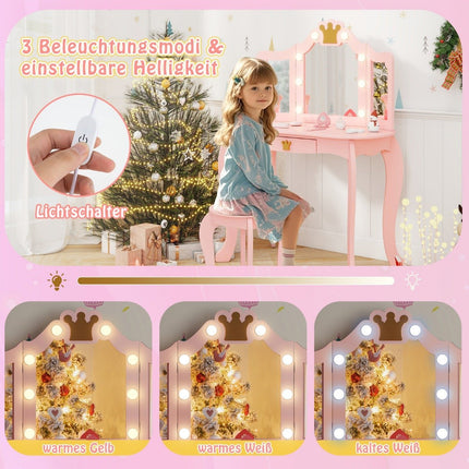 Children's dressing table with lighting, girls' dressing table with three-folding mirror, pink