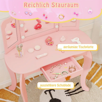 Children's dressing table with lighting, girls' dressing table with three-folding mirror, pink