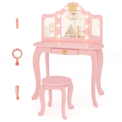 Children's dressing table with lighting, girls' dressing table with three-folding mirror, pink