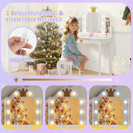 Children's dressing table with lighting, girls' dressing table with three-folding mirror, white