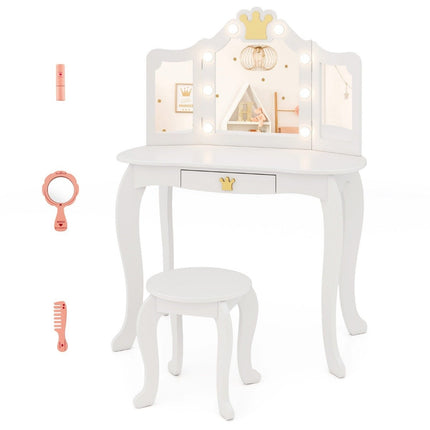 Children's dressing table with lighting, girls' dressing table with three-folding mirror, white