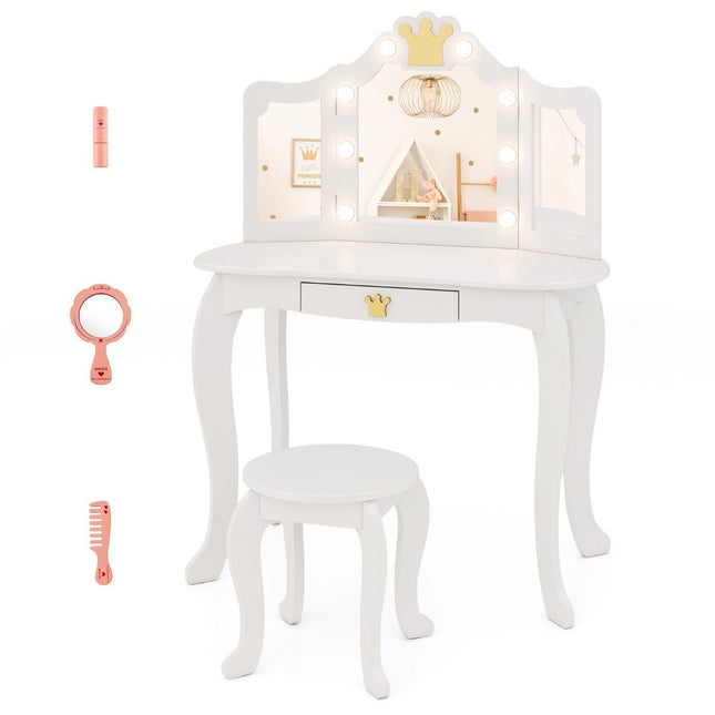 Children's dressing table with lighting, girls' dressing table with three-folding mirror, white