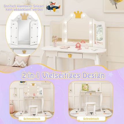 Children's dressing table with lighting, girls' dressing table with three-folding mirror, white