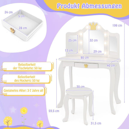 Children's dressing table with lighting, girls' dressing table with three-folding mirror, white