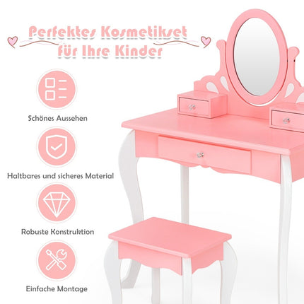 Children's dressing table with stool Princess dressing table with 3 drawers & mirror pink