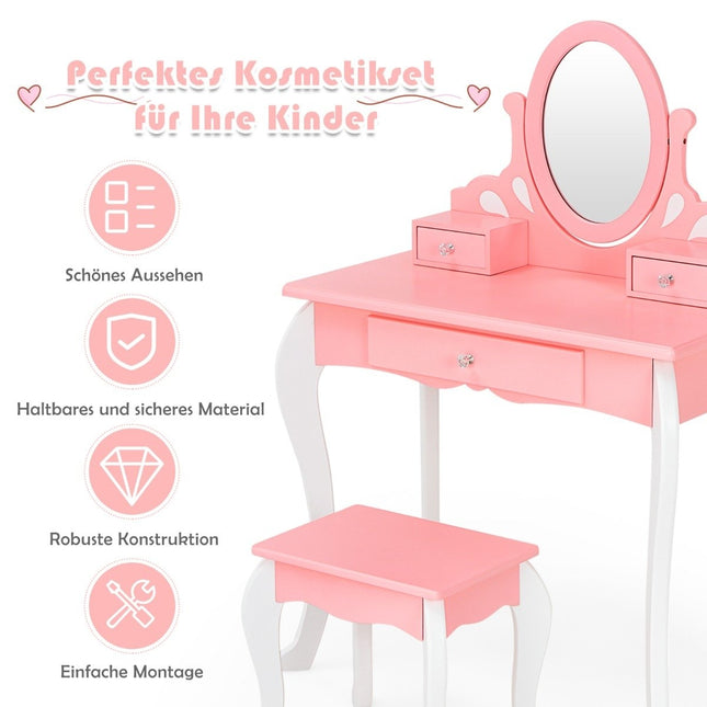 Children's dressing table with stool Princess dressing table with 3 drawers & mirror pink